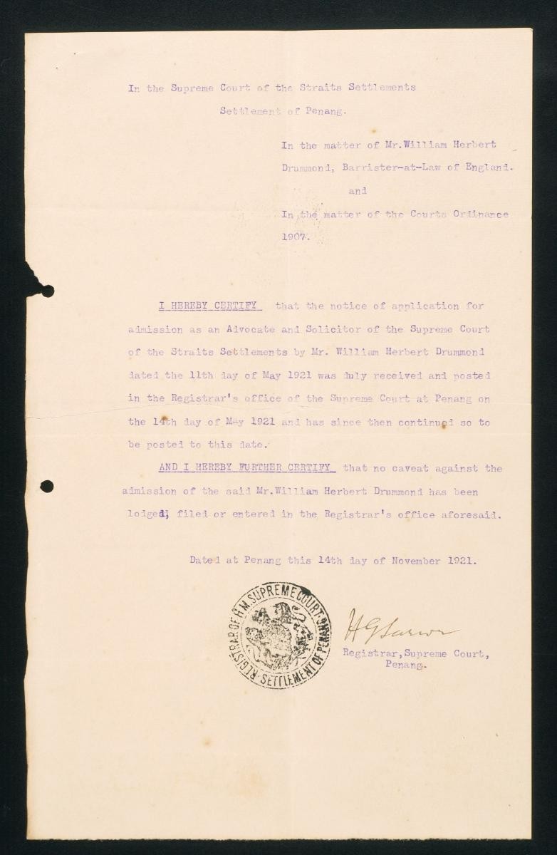 Registrar's certificate of the Supreme Court, Penang for William Herbert Drummond
