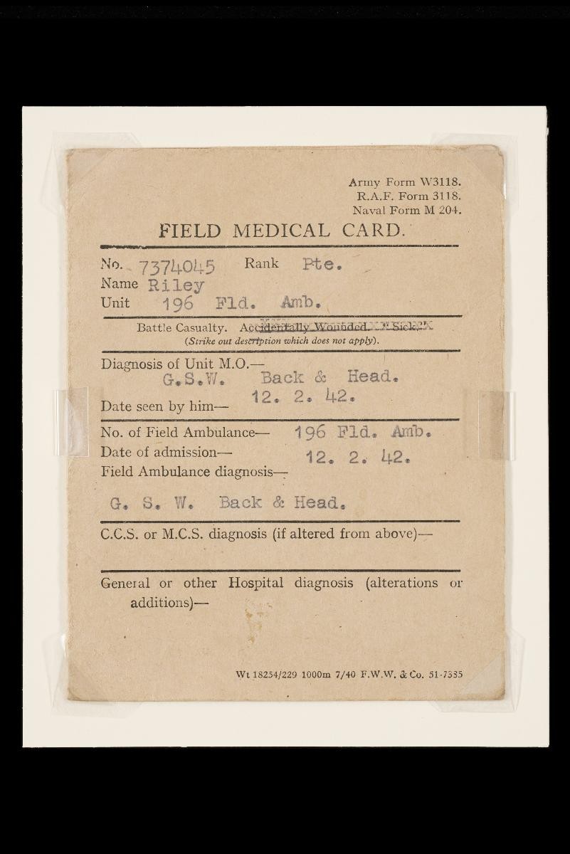 Field medical card of former prisoner of war Albert Riley