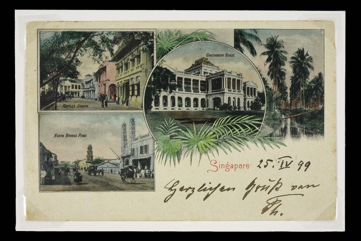 Postcard featuring images of Raffles Square, Government House and North Bridge Road