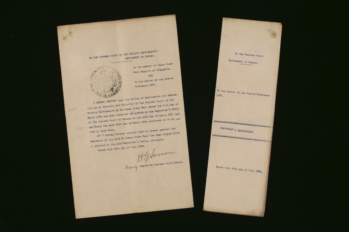 Registrar's certificate of the Supreme Court, Penang for James Crabb Watt